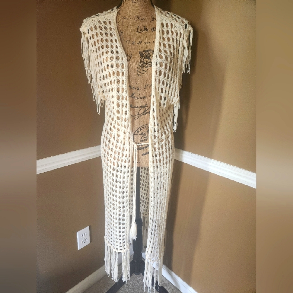 NWT Anthropologie Cream Crochet Open-Front Duster One‎ Size